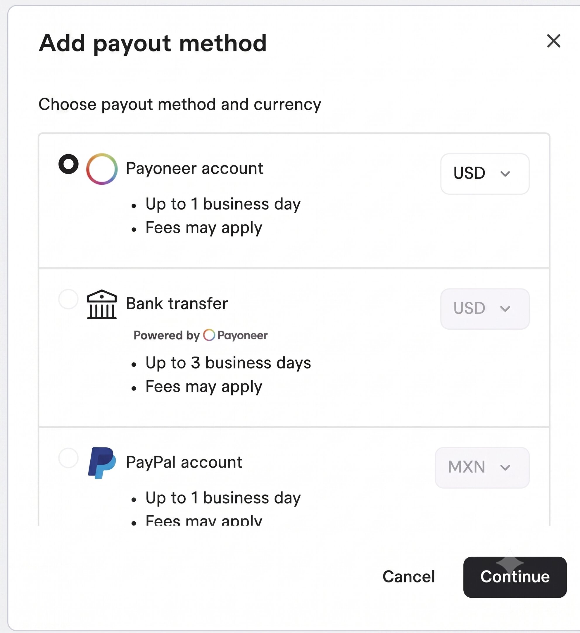 Choose your withdrawal method